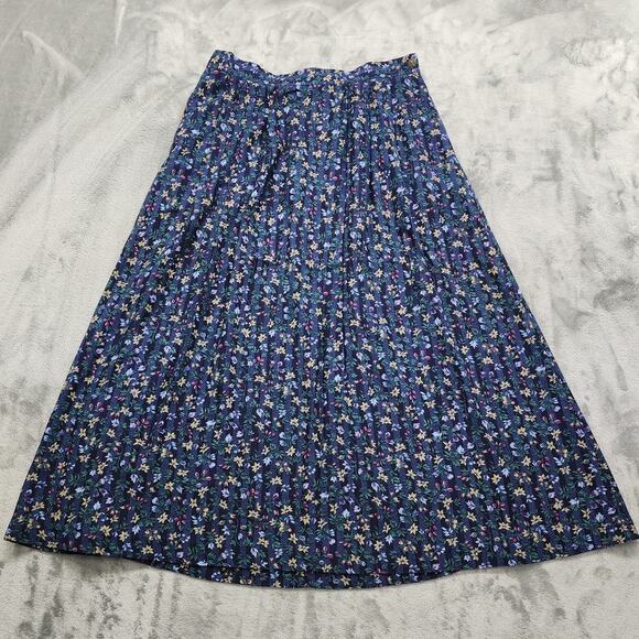 Vintage 80s Lucia Midi Skirt Size 12 Blue Floral Pleated Rayon Cottagecore - Picture 1 of 8